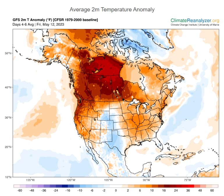 En rouge, des températures encore largement au-dessus des moyennes prévues pour le 12 mai dans le nord-ouest canadien. © <em>Climate Reanalyzer</em>