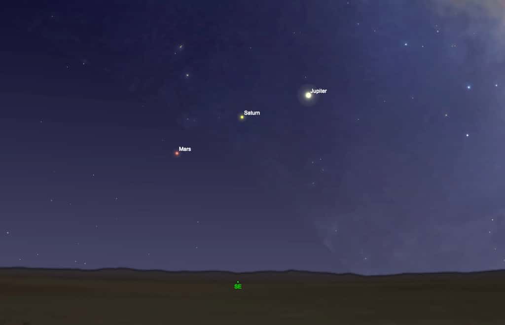 Bel alignement à ne pas manquer de Mars, Saturne et Jupiter, le 10 avril en fin de nuit. © SkySafari