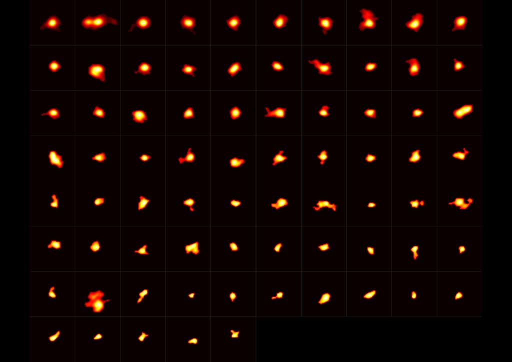 Mosaïque montrant une partie des galaxies observées avec Alma. Les régions en jaune intense sont celles qui forment le plus d’étoiles (c’est la raie du carbone ionisé, C<sup>+</sup>, qui permet de tracer la formation d’étoiles enfouies dans la poussière). La deuxième source, en haut à gauche, est une triple fusion. © Michele Ginolfi, collaboration Alpine