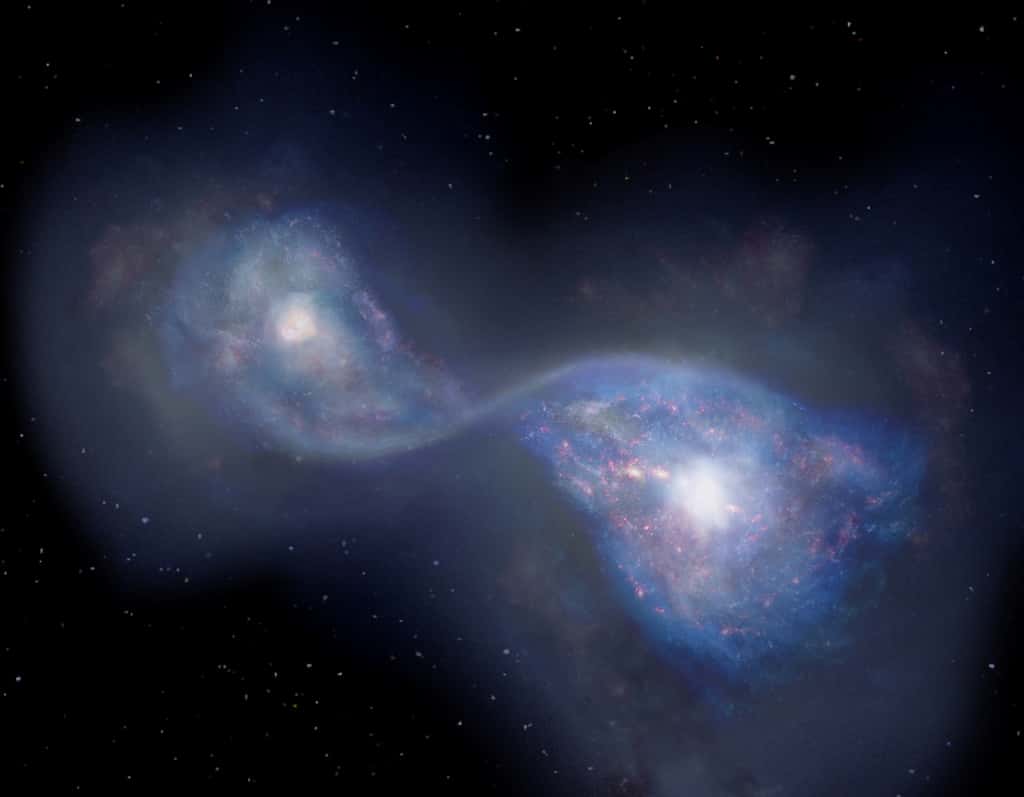 Vue d’artiste de la fusion des galaxies B14-65666 située à 13 milliards d’années-lumière de la Voie lactée. © Observatoire astronomique national du Japon.