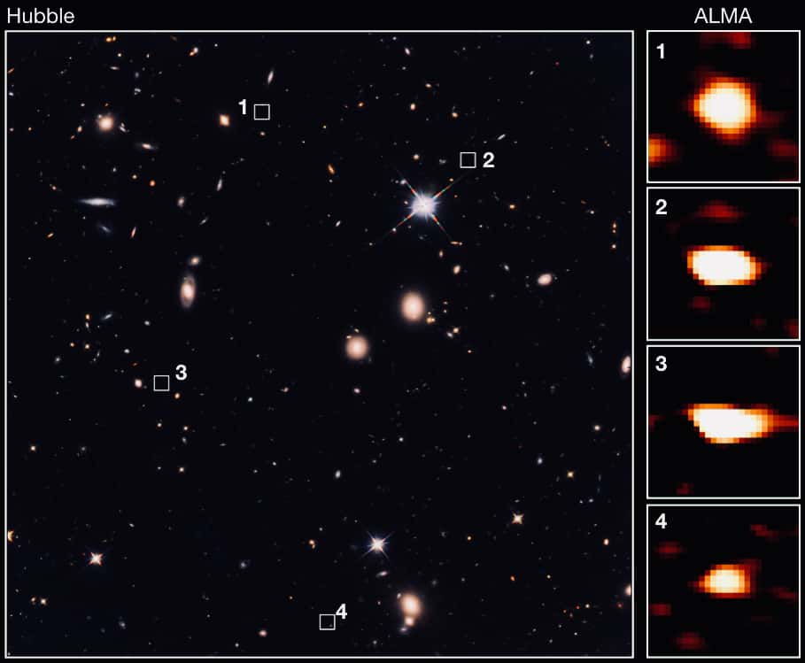 Quatre des galaxies noires découvertes grâce au télescope Alma et leurs positions dans une image Hubble. © <em>The University of Tokyo/CEA/NAOJ</em>