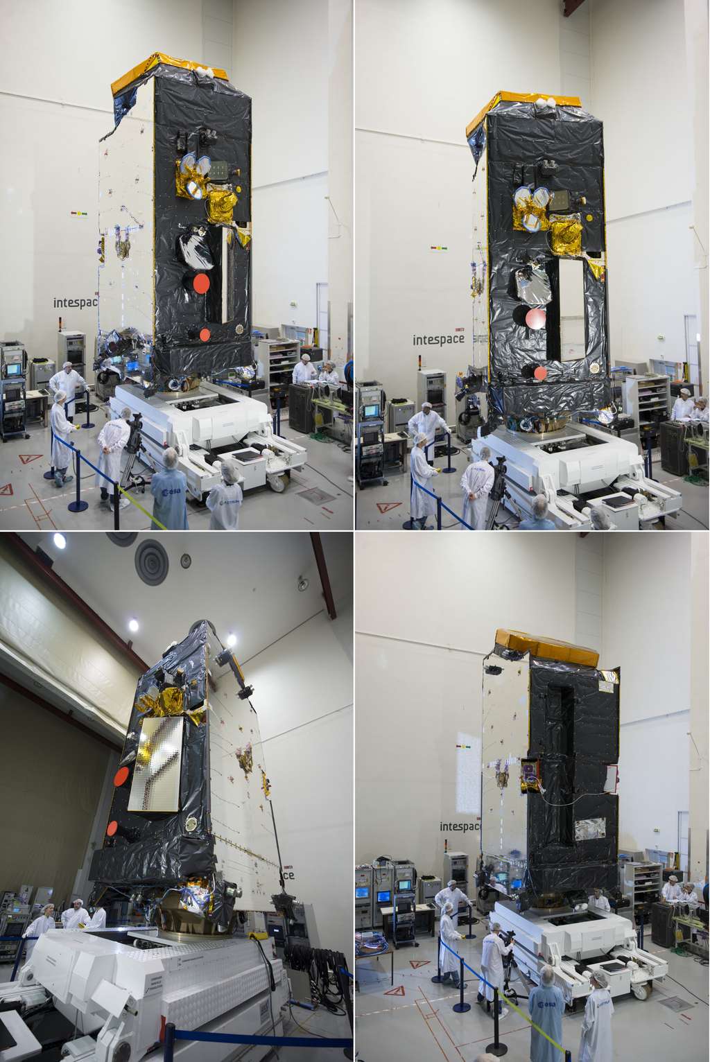 Le satellite Alphasat, sans ses panneaux solaires et sa grande antenne, dans les locaux d’Intespace pour y subir ses essais de performances radiofréquences en chambre anéchoïque (mars 2013). © S. Corvaja, Esa