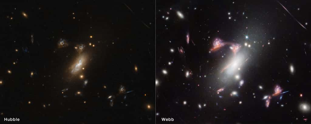 Le télescope spatial Hubble de la Nasa a également observé l'amas de galaxies MACS-J0417.5-1154, mais la galaxie rouge poussiéreuse qui apparaît plusieurs fois en forme de point d'interrogation est beaucoup plus importante sur l'image de Webb. La lumière infrarouge détectée par Webb est mieux à même de traverser la poussière cosmique de sa galaxie d'origine pour atteindre le télescope. Les astronomes ont utilisé les observations ultraviolettes de Hubble pour aider à déterminer où se produit la formation d'étoiles à la fois dans la galaxie rouge et dans sa proche compagne, une galaxie spirale vue de face. © Nasa, ESA, CSA, STScI, Vicente Estrada-Carpenter (<em>Saint Mary's University</em>)