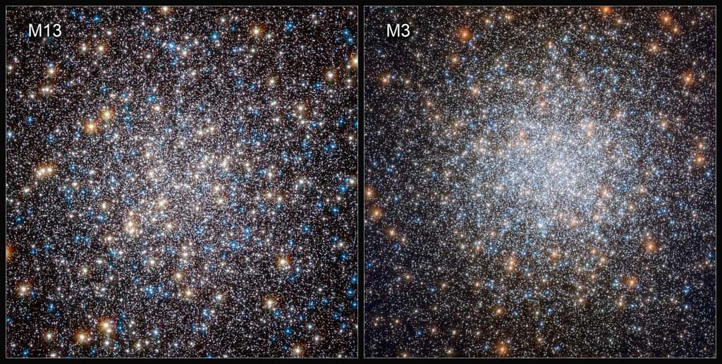 M3 contient environ un demi-million d'étoiles et se trouve dans la constellation des Chiens de chasse. M13 – parfois connu sous le nom de Grand amas globulaire d'Hercule – contient un peu moins d'étoiles, seulement plusieurs centaines de milliers. Les naines blanches sont souvent utilisées pour estimer l'âge des amas globulaires, et donc une quantité importante de temps du télescope Hubble a été consacrée à l'exploration des naines blanches dans des amas globulaires anciens et densément peuplés. Hubble a observé directement des naines blanches dans des amas d'étoiles globulaires pour la première fois en 2006. © ESA, Hubble & Nasa, G. Piotto et al.