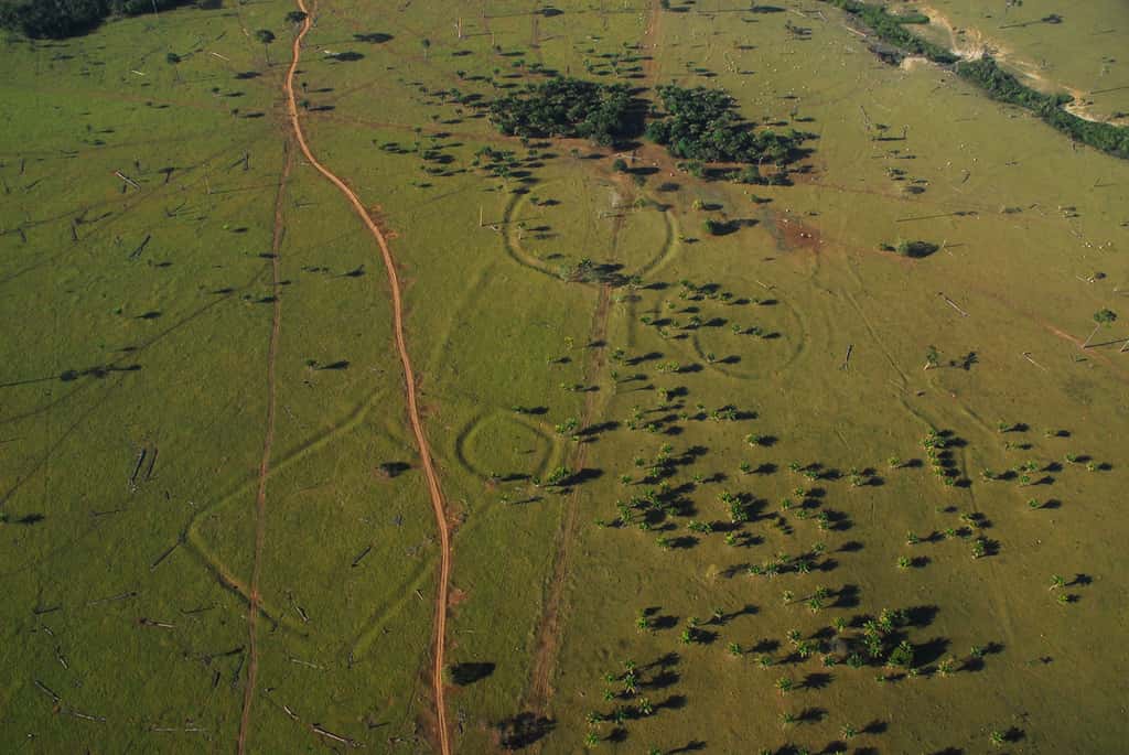 Géoglyphes découverts dans l’Ét d’Acre dans l’ouest du Brésil. La forêt amazonienne qui s’étendait là, il y a encore quelques années, cachait ces étranges structures. © Edison Caetano