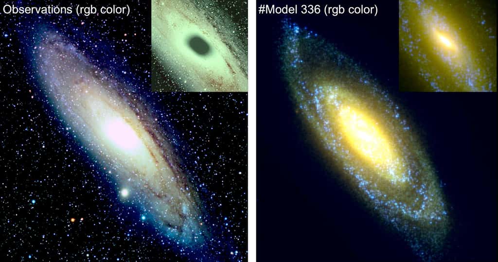 La galaxie d’Andromède, M 31 dont le disque très incliné s’étend en diamètre sur environ 40 kiloparsecs. À gauche, M31 observée en couleurs réelles. À droite, simulation numérique à 24 millions de particules. L’insert, en haut et à droite de chaque image, montre que la simulation parvient aussi à reproduire la barre de la galaxie (sombre dans l’insert gauche, jaune dans celui à droite), ainsi que les régions de formation stellaire (bleues) qui appartiennent au disque d’Andromède. <em>© </em>Richard Crisp, Observatoire de Paris - PSL, Hammer <em>et al.</em> 2016