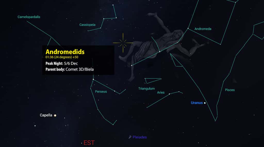 Un pic de l'essaim des Andromédides devrait être observable dans la nuit du 5 au 6 décembre, avec un radiant situé au nord de la constellation d'Andromède. © UAI