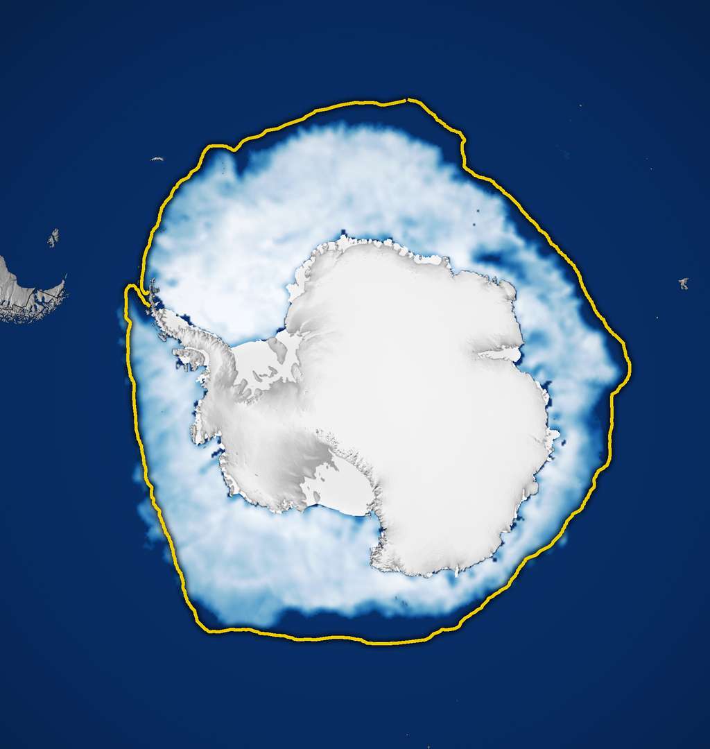 Carte de l'étendue de la glace de mer en Antarctique le 10 septembre 2023, le plus bas niveau jamais enregistré. © Lauren Dauphin pour Nasa's earth Observatory, NSIDC