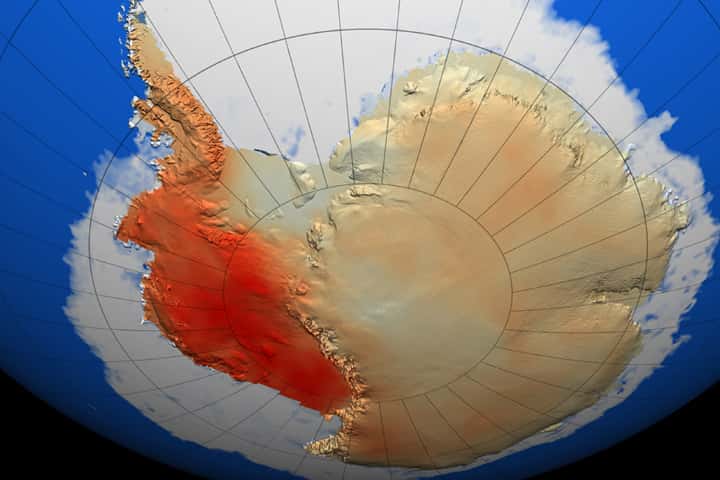 Géographie du réchauffement de l'Antarctique, de 1957 à 2006. En rouge, la plus forte hausse de changement de température par décennie, soit 0,25 °C. © Eric J. Steig <em>et al., Wikimedia Commons</em>, DP
