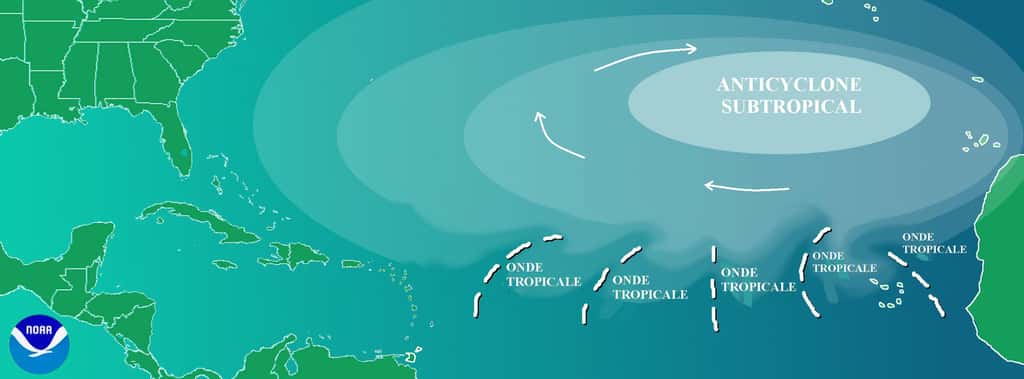  Un anticyclone subtropical peut avoir une amplitude de plusieurs milliers de kilomètres. C'est le cas de celui des Açores qui maintient le beau temps sur le sud de la France durant l’été. © Pierre_cb <em>via</em> NOAA, Wikipédia, DP