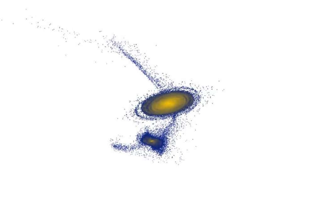 Un extrait d'une simulation numérique montrant la rencontre entre Antlia 2 et la Voie lactée. © Sukanya Chakrabarti/RIT 