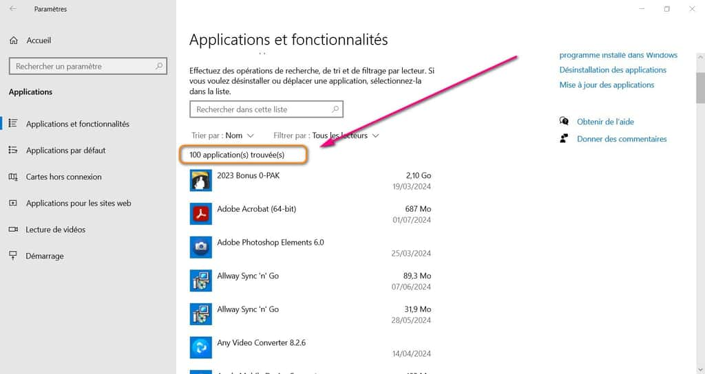 Pourtant, Windows, pour sa part, ne recense que 100 logiciels sur le même ordinateur. © Windows