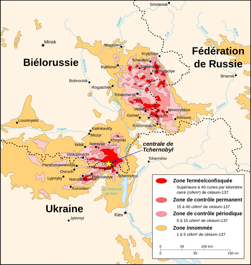 Carte des zones contaminées en 1996. © IRSN