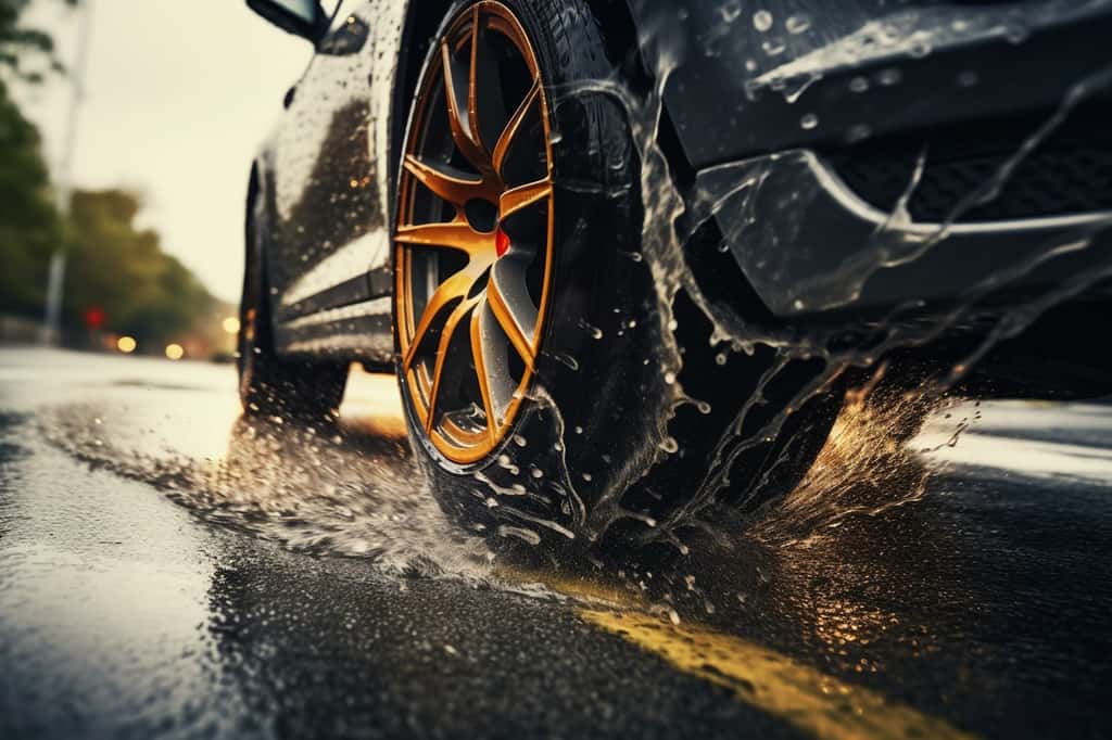Pour éviter l'aquaplaning, il est conseillé de vérifier l'état et la pression des pneus, et de s'équiper de pneus adaptés à la saison. © Isabela, Adobe Stock