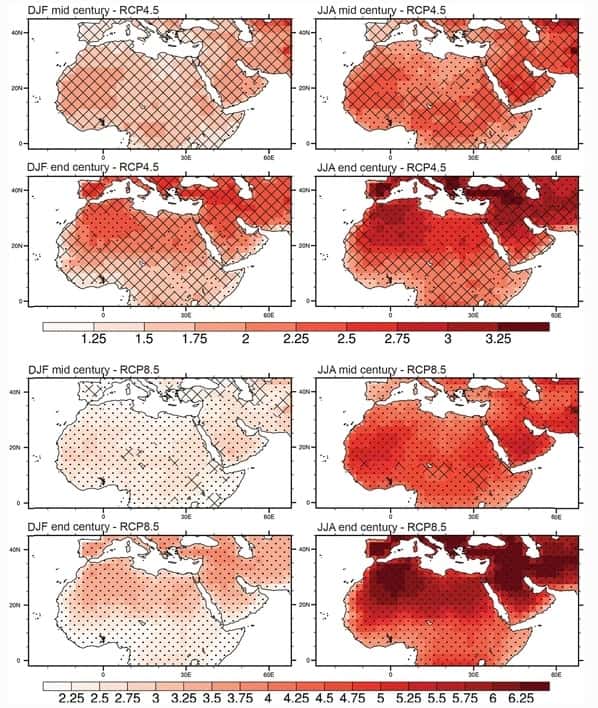 Les prévisions des différents modèles climatiques montrent tous une hausse très importante de la température en Arabie saoudite, de +4 à +6 °C d'ici 2100. © <em>Climatic Change</em>
