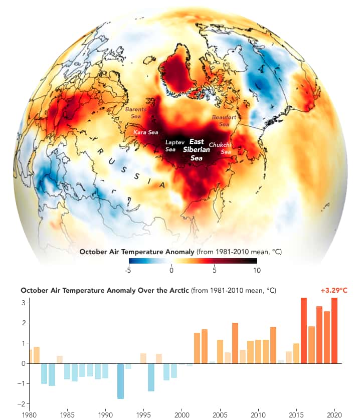 Anomalie des températures de l'air pour octobre 2020 en Arctique. © Nasa, EarthObservatory