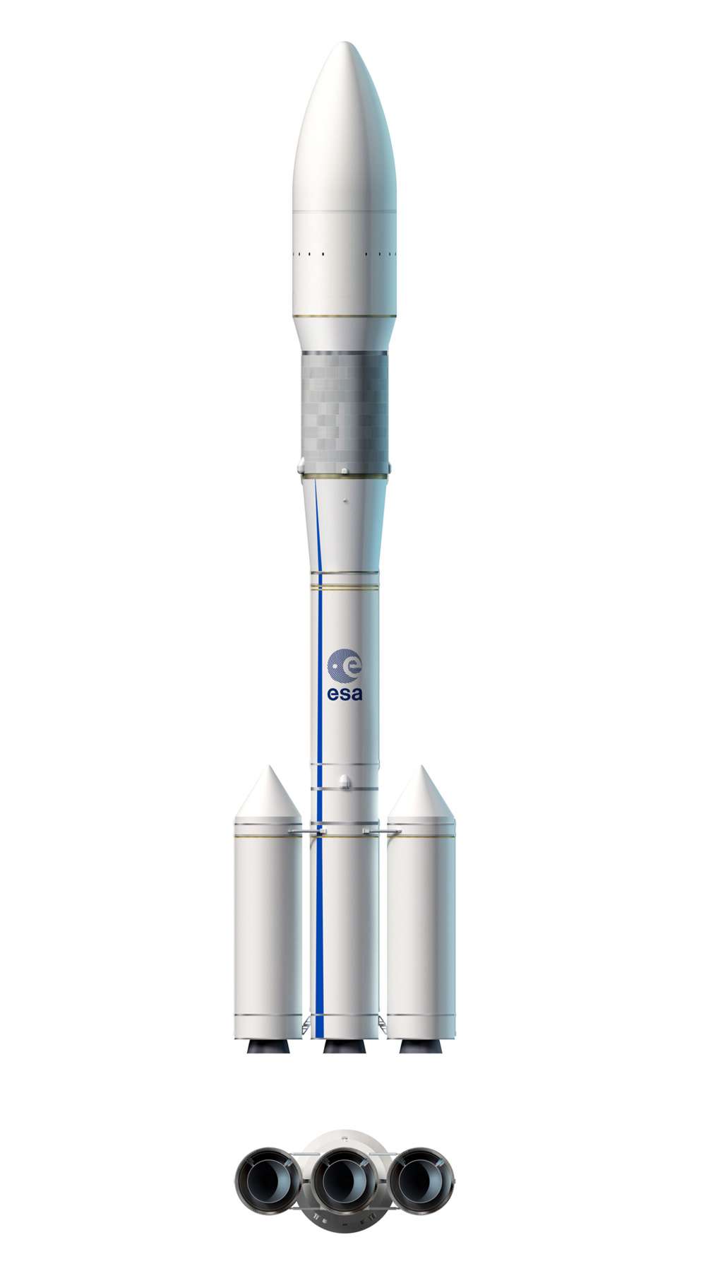 Le concept définitif d’Ariane 6 : le premier étage est formé par trois propulseurs à propergol solide installés en ligne. Un unique propulseur, de même type, constitue le deuxième étage (là où se trouve le logo de l'Esa sur ce dessin). Le troisième étage est, lui, à propulsion cryotechnique. © D. Ducros, Esa