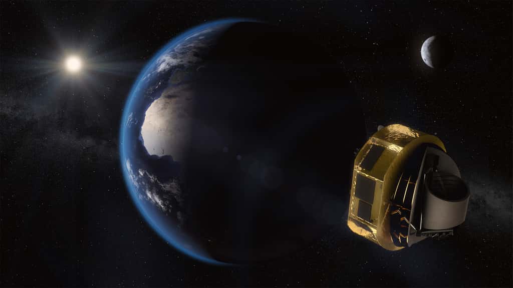 Image d’artiste du satellite Ariel en route vers sa destination finale : en orbite autour du point de Lagrange L2. © ESA/STFC RAL Space/UCL/Europlanet-Science Office