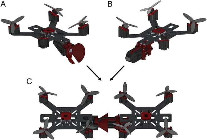 Conception d'assemblage des drones. A) Unité de cric. B) Branchement de l'unité. C) État assemblé. © <em>Advanced Materials technologies</em>