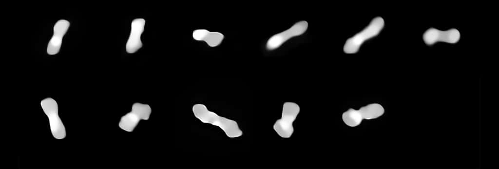 Ces onze images figurent l’astéroïde Kleopatra, observé sous divers angles au fil de sa rotation qui dure moins de six heures. Les clichés ont été pris à différentes époques comprises entre 2017 et 2019 au moyen de l’instrument Sphere (<em>Spectro-Polarimetric High-contrast Exoplanet REsearch</em>) qui équipe le VLT de l’ESO. © ESO/Vernazza, Marchis et al./Mistral algorithm (Onera/CNRS)