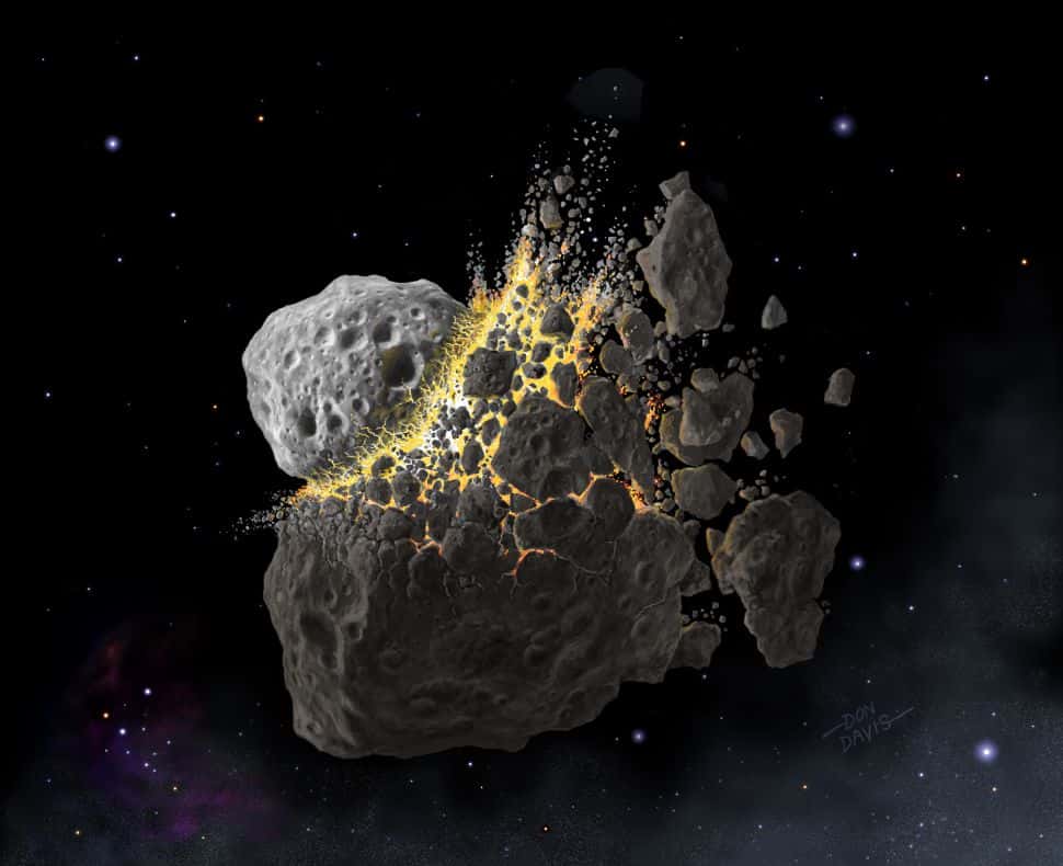 Une vue d'artiste d'une collision entre astéroïdes. © Don Davis/Southwest Research Institute