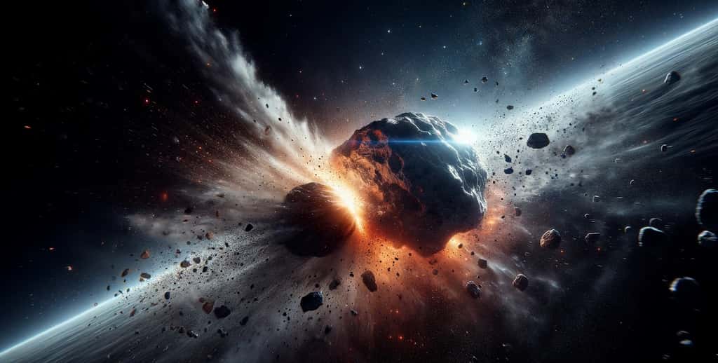 En septembre 2022, la mission Dart entrait en collision avec l’astéroïde Dimorphos pour dévier sa trajectoire. Les simulations suggèrent aujourd’hui que la collision a aussi changer la forme de l'astéroïde. Image générée à l'aide d'une IA. © XD, Futura avec DALL-E