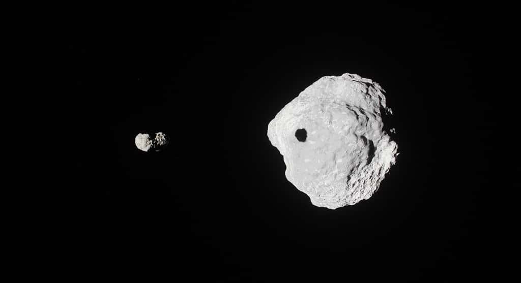 La sonde Dart&nbsp;de la Nasa se prépare à percuter l’astéroïde binaire composé de Didymos et de sa lune Dimorphos, afin de dévier sa trajectoire et de démontrer qu'il est possible d'assurer la sécurité de notre Planète. Image : illustration 3D de l'astéroïde binaire Didymos avec son satellite Dimorphos. © Jesper, Adobe Stock