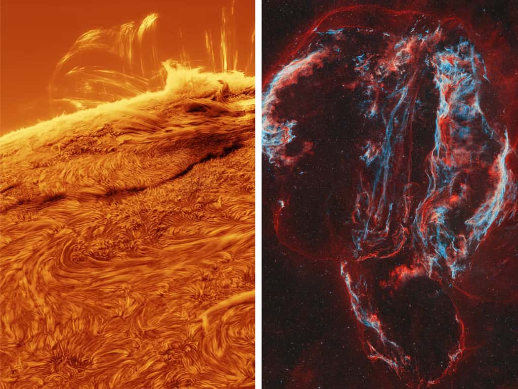À gauche, éjection au bord du Soleil, <em>Solar Pulsation</em>, © Wenlian LI. À droite, <em>The Scream of a Dying Star </em>figure les dentelles du Cygne © Yann SAINTY