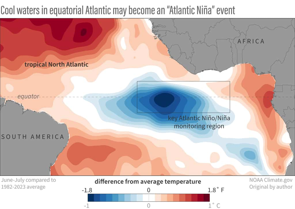 La zone de refroidissement actuel dans l'océan Atlantique équatorial. © NOAA