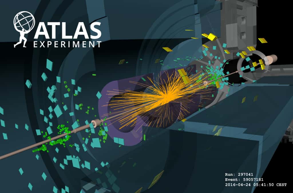 Une collision proton-proton enregistrée par le détecteur Atlas lors de la mise en service du LHC en 2016 avec des faisceaux de faible intensité. © Cern