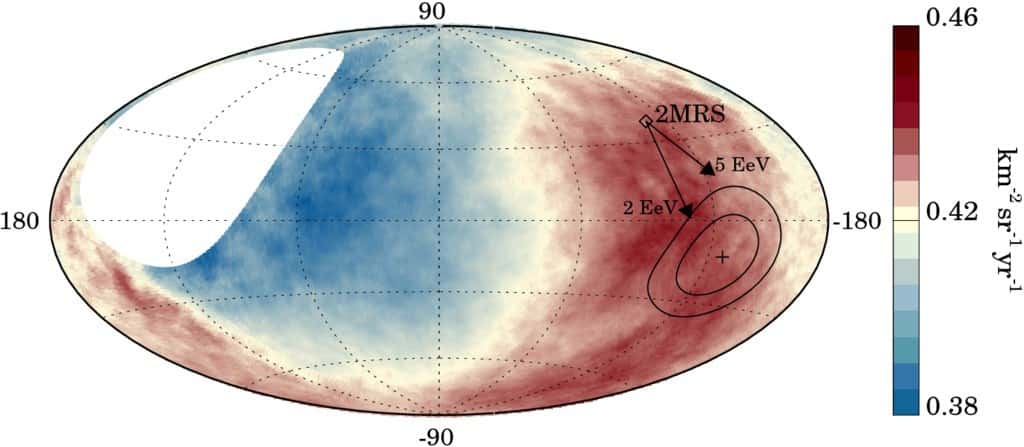 Carte du ciel montrant le flux de rayons cosmiques. La région présentant un excès de rayons cosmiques est entourée (à droite). Le centre galactique est au centre de l'ellipse. © Collaboration Pierre-Auger