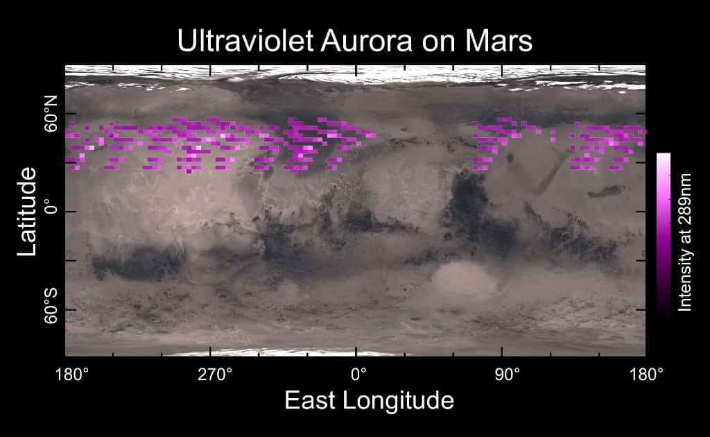 Une carte dressée grâce à l'instrument <em>Ultraviolet Imaging Spectrograph</em> (IUVS) de la sonde Maven de la Nasa. Elle montre qu'en décembre 2014, des aurores visibles dans l'ultraviolet étaient très répandues dans l'hémisphère nord de Mars, sans être particulièrement liées à un emplacement géographique. © université du Colorado