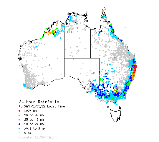 Carte des précipitations enregistrées ces dernières 24 heures : en rouge, les zones où il est tombé plus de 100 mm © Australian Governement - Bureau of Meteorology