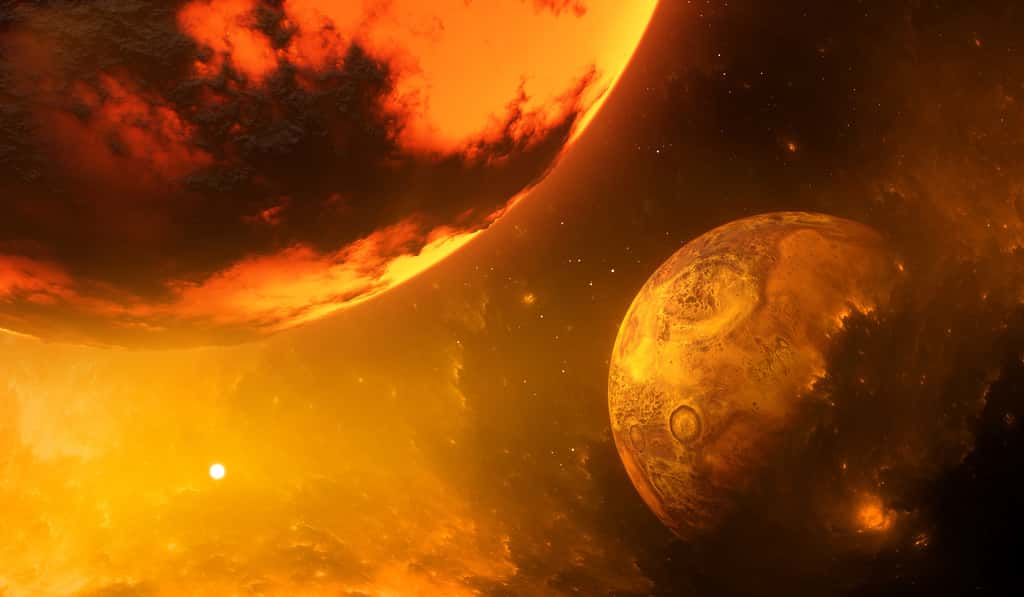 Illustration montrant la Terre en formation et la proto-planète Théia avant leur collision il y a 4,5 milliards d'années. © Peter Jurik, Adobe Stock