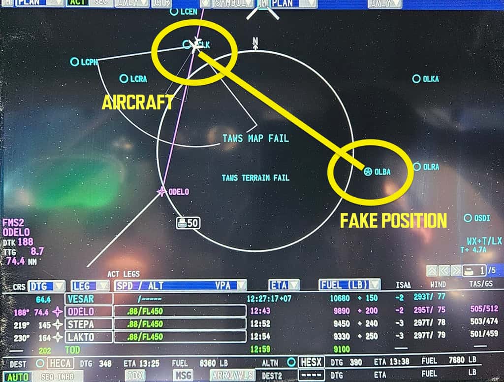 Sur cet écran, la position indiquant que l’avion se trouve au-dessus de Beyrouth est fausse. En réalité l’avion est à plus de 220 kilomètres de l'endroit. © OPS.Group