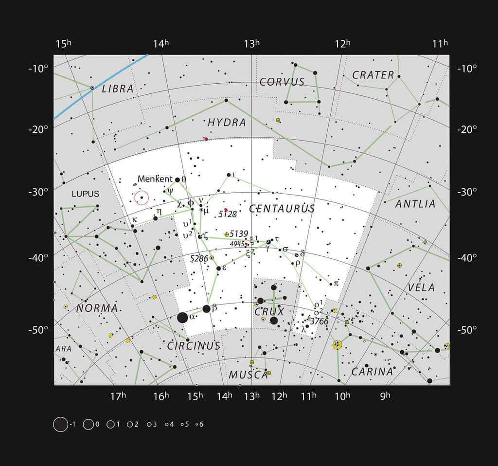 Cette carte montre l'emplacement du système <em>b Centauri</em>, la paire d'étoiles la plus massive et la plus chaude accueillant une planète à ce jour. Cette carte montre la plupart des étoiles visibles à l'œil nu dans de bonnes conditions et le système lui-même est marqué d'un cercle rouge. © Eso, <em>IAU and Sky & Telescope</em>
