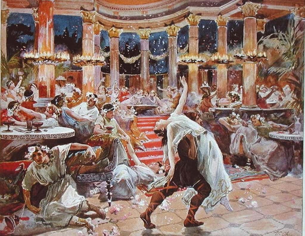 Banquet au palais de Néron, dessin d’Ulpiano Checa y Sanz (illustration du roman <em>Quo vadis ?</em> de Henryk Sienkiewicz), vers 1910. <em>Wikimedia Commons</em> 