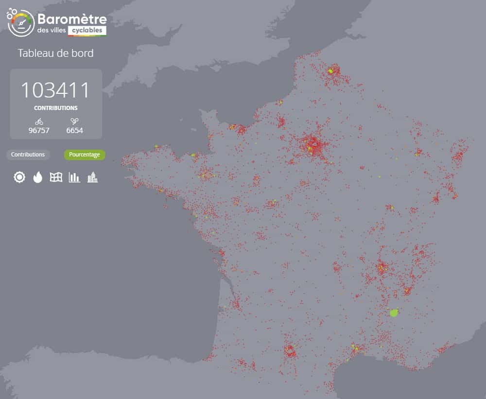 Le Baromètre des villes cyclables a déjà recueilli plus de 100 000 témoignages (capture d'écran réalisée le 22/10/2021). © FUB