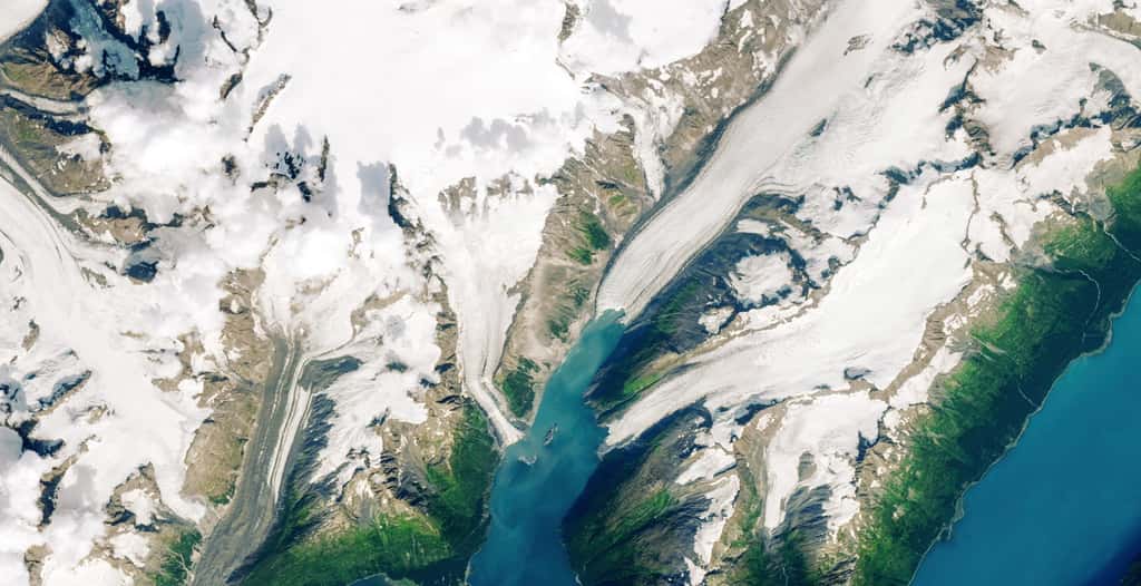 Le fjord de Barry Arm en août 2019. La montagne qui menace de s'écrouler est au centre de l'image satellite. © Nasa