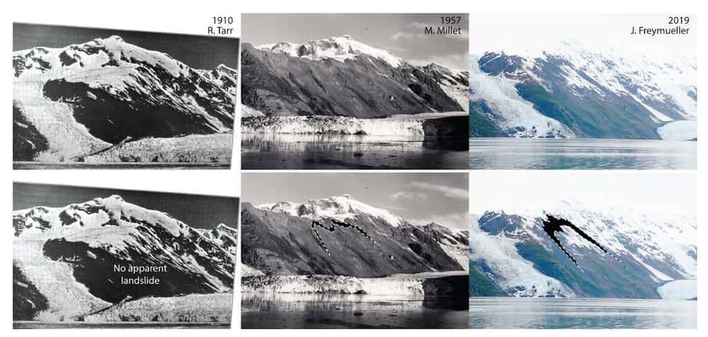 Le glissement de terrain visible sur les pentes du glacier Barry entre 2009 et 2015. © R. Tarr, M. Millet, J. Freymueller