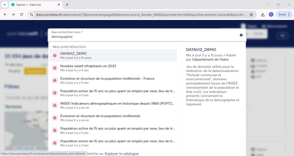 Recherche d’une base de données à partir d’un mot-clé. © Opendatasoft