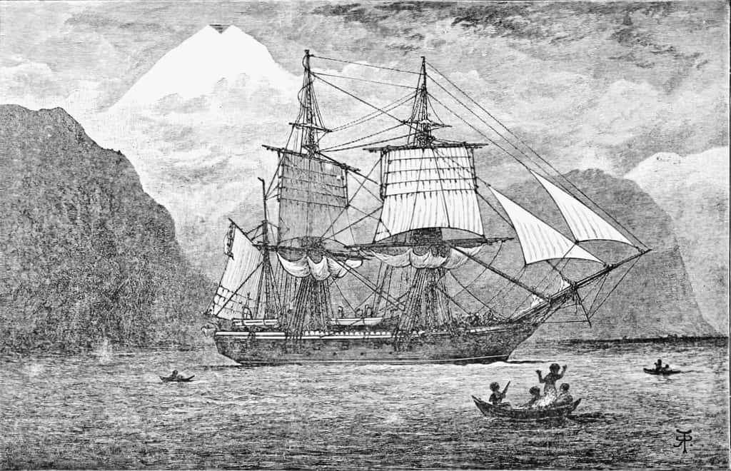 Le <em>HMS Beagle</em> sur lequel a voyagé le naturaliste Charles Darwin, ici dans le détroit de Magellan. © RT Pritchett, Domaine public, <em>Wikimedia Commons</em>