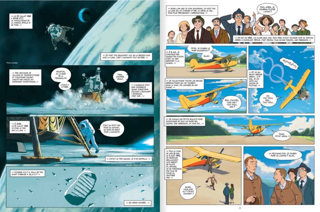 58 planches de dessins racontent l'épopée lunaire de Neil Armstrong et ses coéquipiers. © Éditions Faton