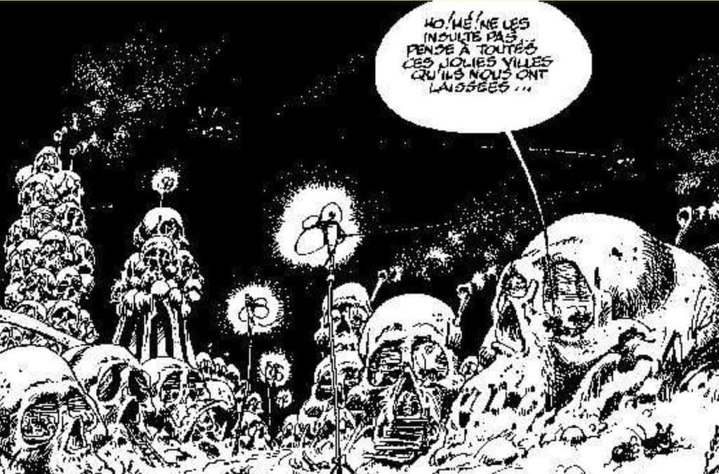 Dans une planche des « <em>Idées noires </em>», Franquin imagine une colonie de mouches dans des crânes humains. © <em>Les Idées Noires,</em> Franquin