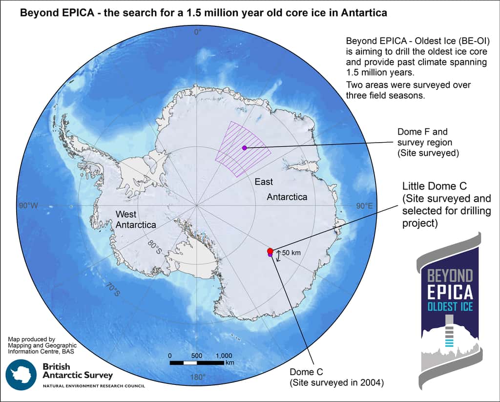 Le site de forage sélectionné par les scientifiques de <em>Beyond Epica - Oldest Ice</em> se trouve dans les régions centrales de l'Antarctique Est, à 40 km de la base Concordia bâtie à Dôme C. Le Dôme F a également été cartographié pendant les recherches du site idéal, mais n'a pas été retenu pour ce projet. ©<em> British Antarctic Survey</em> (BAS)