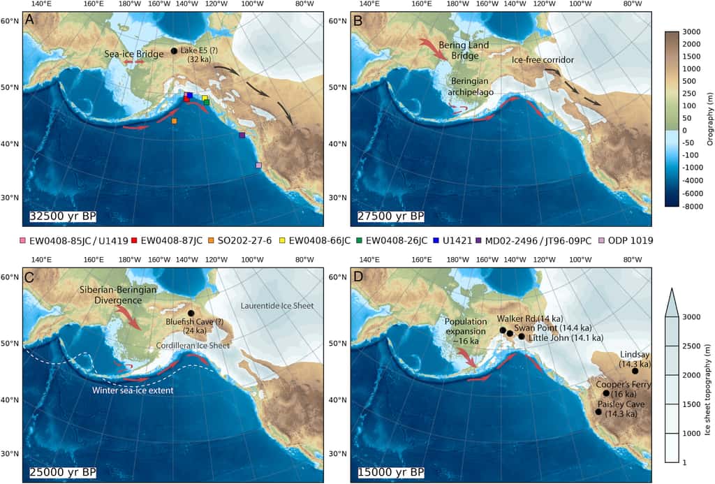 En blanc, l'évolution des glaces à différentes périodes sur la Béringie, entre 32 500 ans en arrière, 27 500, 25 000 et 15 000 ans. © <em>PNAS</em>