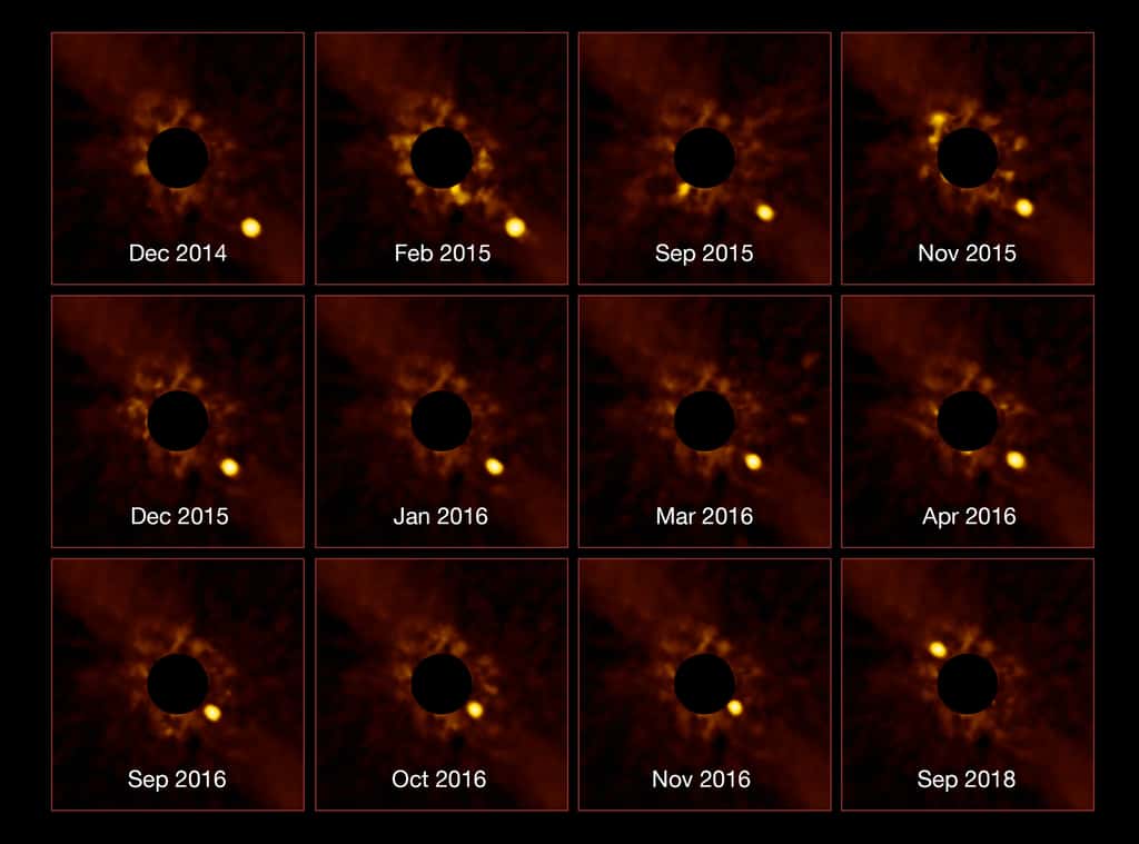 Le très grand télescope (VLT) de l'ESO a capturé une série d'images sans précédent montrant le passage de l'exoplanète Bêta Pictoris b autour de son étoile parente. Cette exoplanète jeune et massive a été découverte en 2008 à l’aide de l’instrument Naco du VLT. © ESO/Lagrange/SPHERE consortium