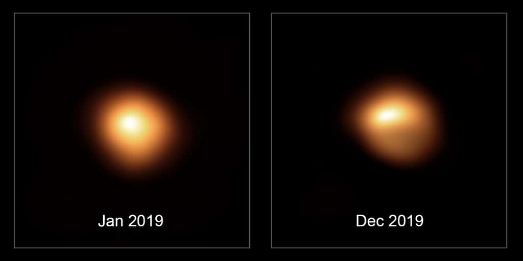  Ce comparatif montre l’étoile Bételgeuse avant, et après qu’elle a subi cette perte de luminosité sans précédent. Les observations, acquises en janvier et décembre 2019 au moyen de l’instrument Sphere qui équipe le <em>Very Large Telescope</em> de l’ESO, témoignent de la baisse de luminosité de l’étoile et de ses changements de forme. © ESO/M. Montargès <em>et al.</em>
