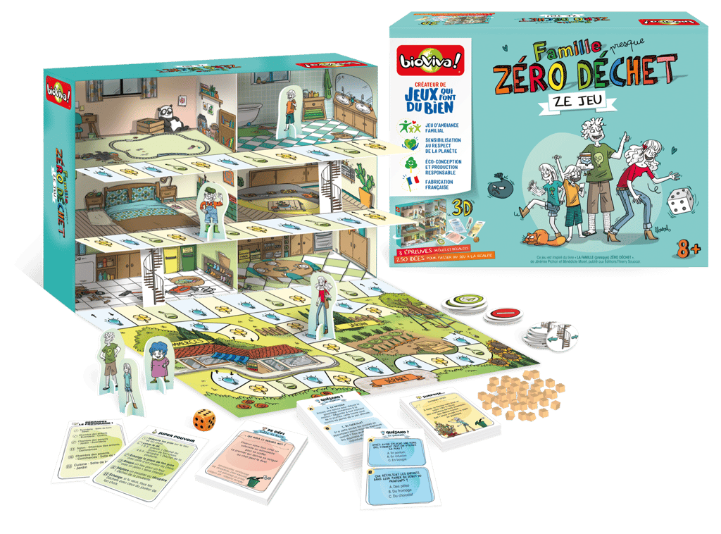 « Famille (presque) Zéro Déchet – ZE Jeu » est un jeu de plateau, éco-conçu et fabriqué en France qui invite toute la famille à entamer en s'amusant une démarche (presque) zéro déchet. Dès 8 ans, 29,99 € © Bioviva