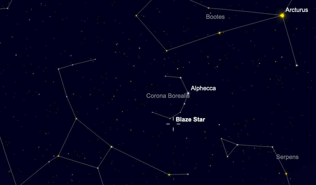 Position de l'étoile double <em>T Coronae Boralis</em>, surnommée The Blaze Star (l'étoile flamboyante), et nova imminente, au sein de la constellation de la Couronne boréale. Cette dernière se reconnait facilement par sa figure en arc de cercle, et sa situation entre Hercule (à gauche sur l'image) et le Bouvier et l'éclatante Arcturus. © SkySafari